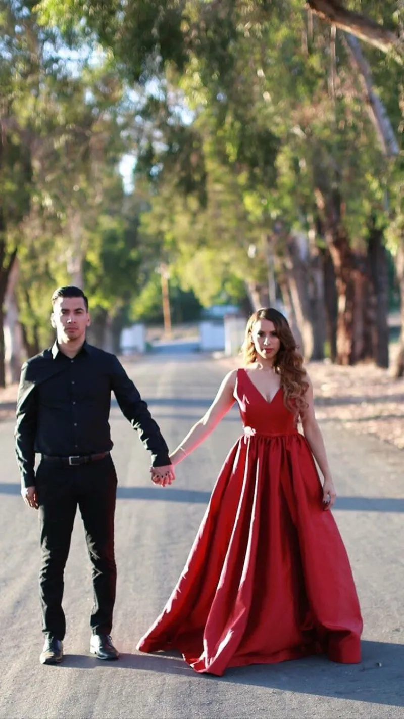 Satin Long Red Formal Dress Evening Gowns with Pockets
