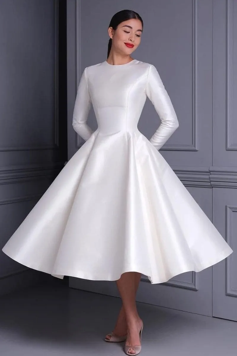 Satin Midi-length Bride Dresses Long Sleeves