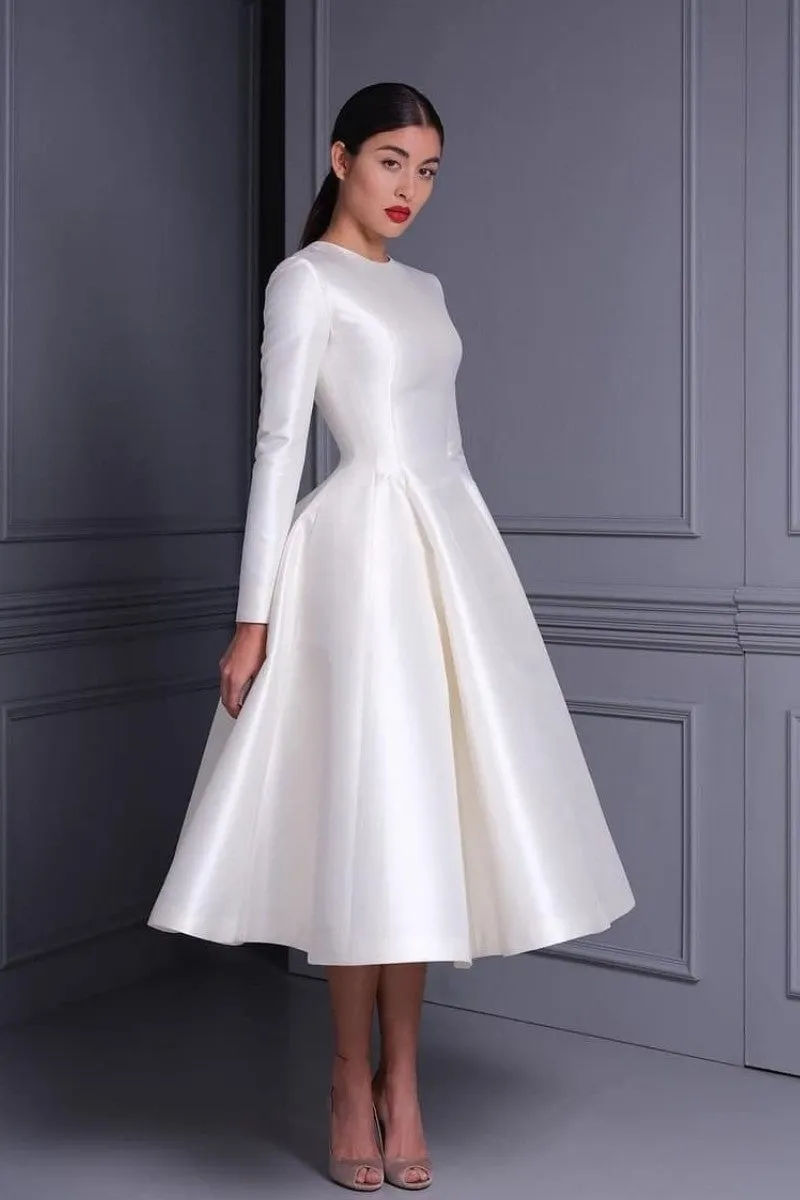 Satin Midi-length Bride Dresses Long Sleeves