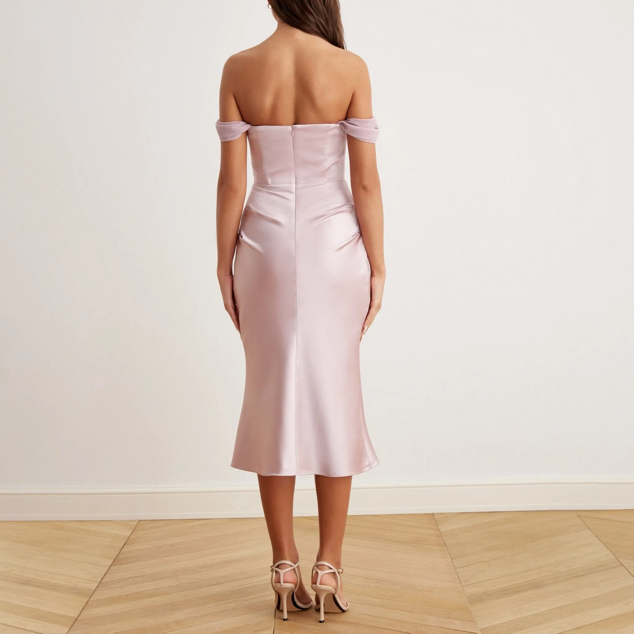 Satin Off-Shoulder Corset Midi Dress