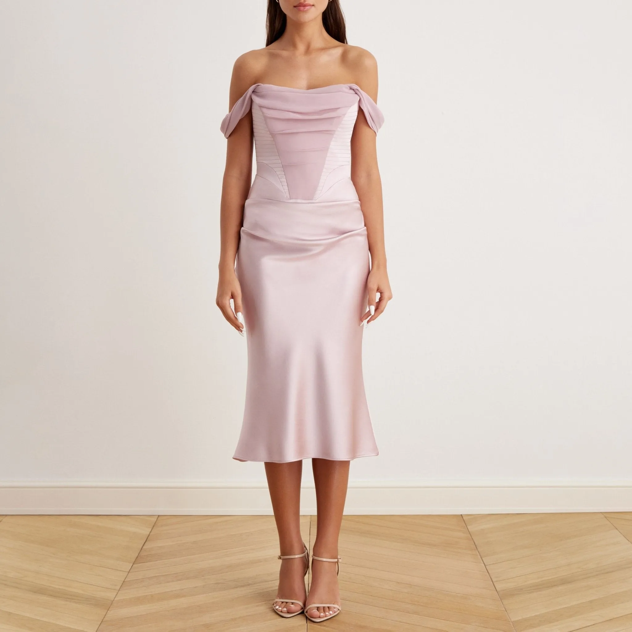 Satin Off-Shoulder Corset Midi Dress