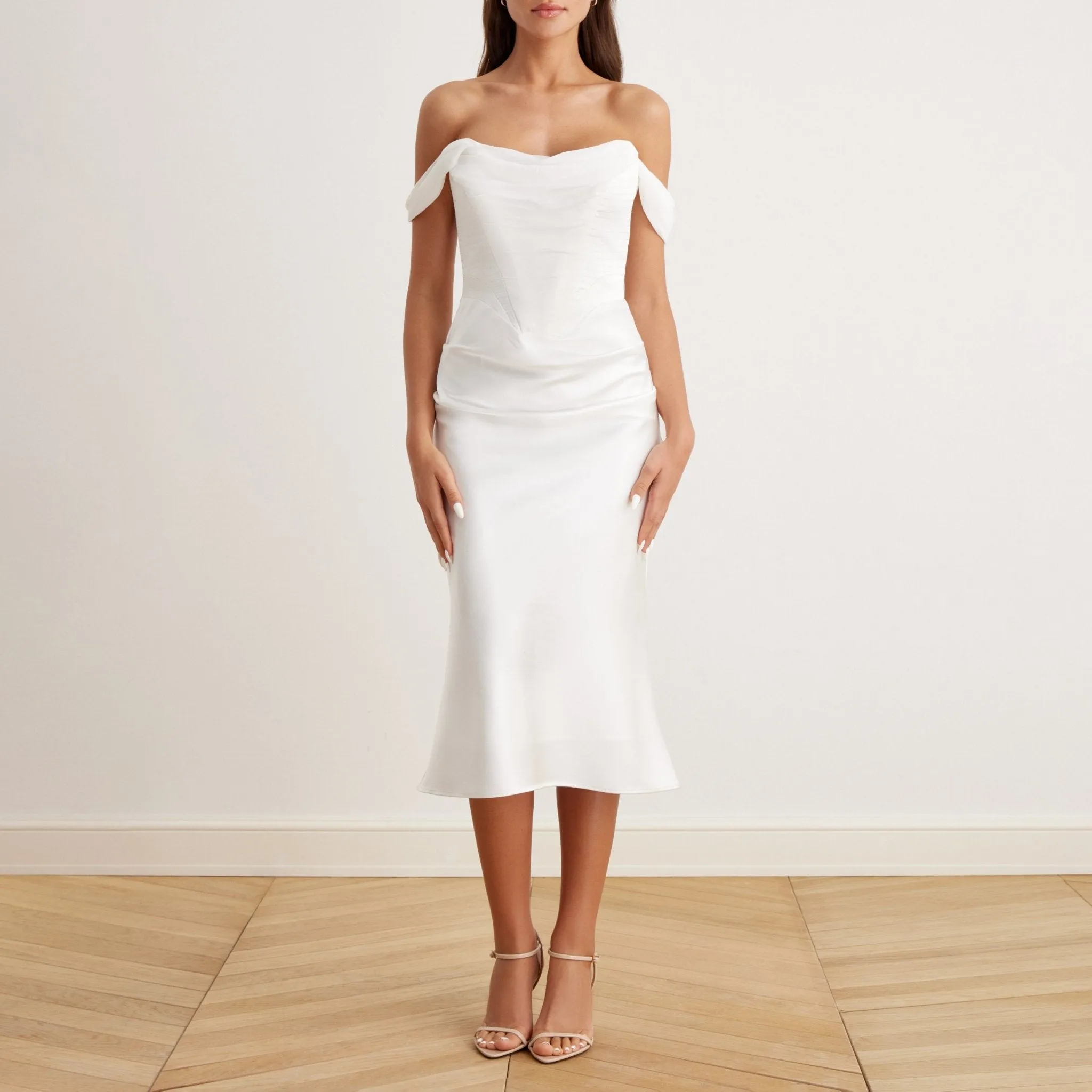 Satin Off-Shoulder Corset Midi Dress