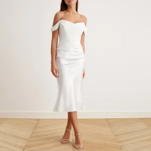 Satin Off-Shoulder Corset Midi Dress