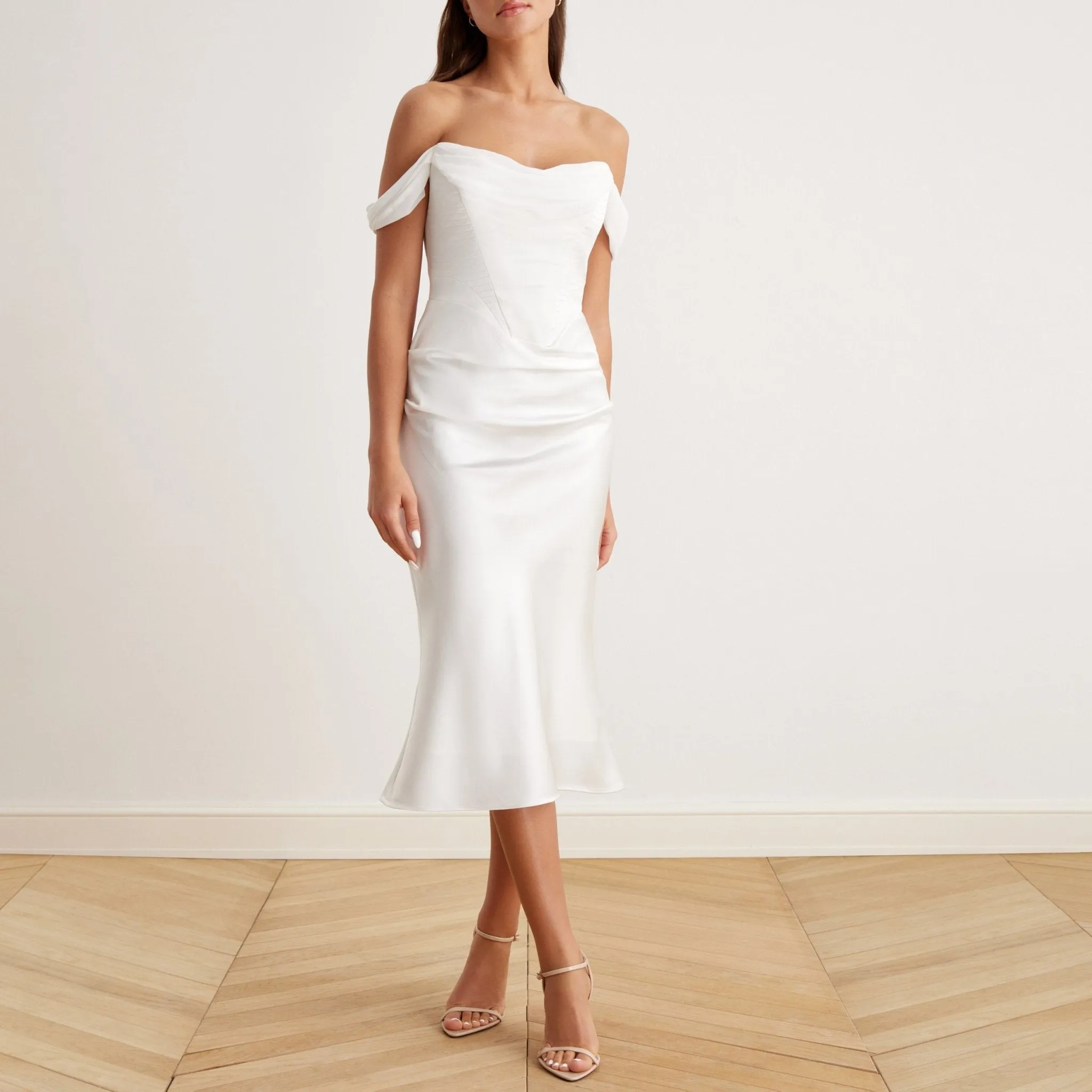 Satin Off-Shoulder Corset Midi Dress
