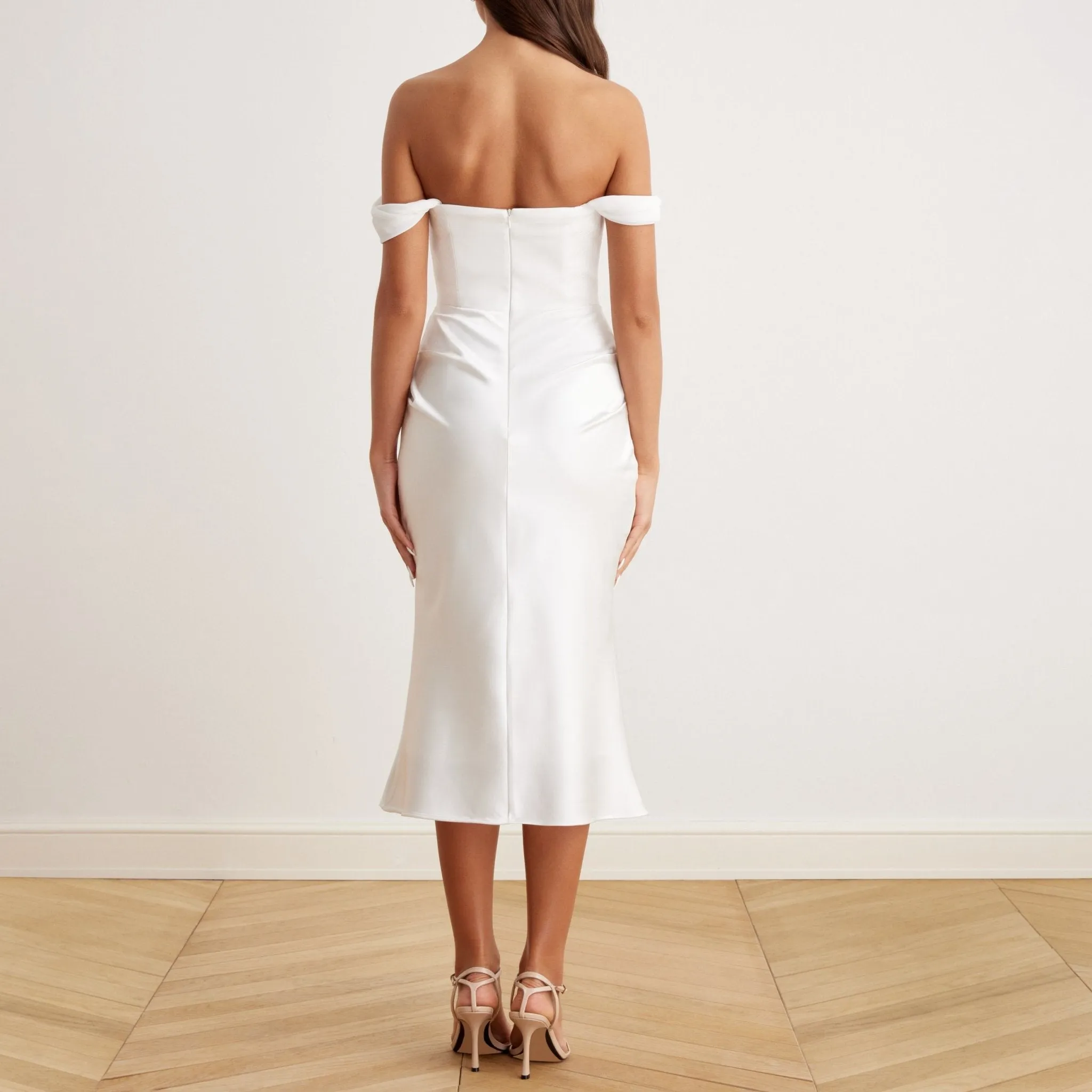 Satin Off-Shoulder Corset Midi Dress