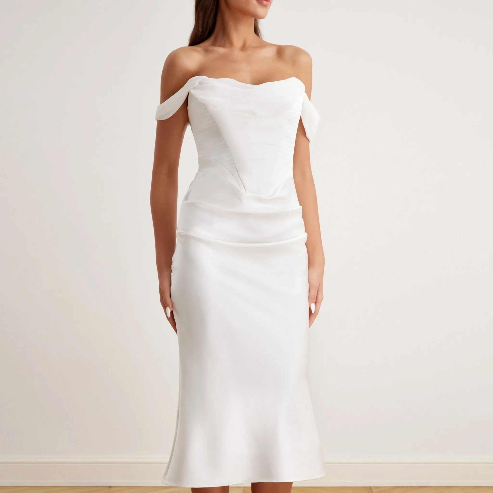 Satin Off-Shoulder Corset Midi Dress
