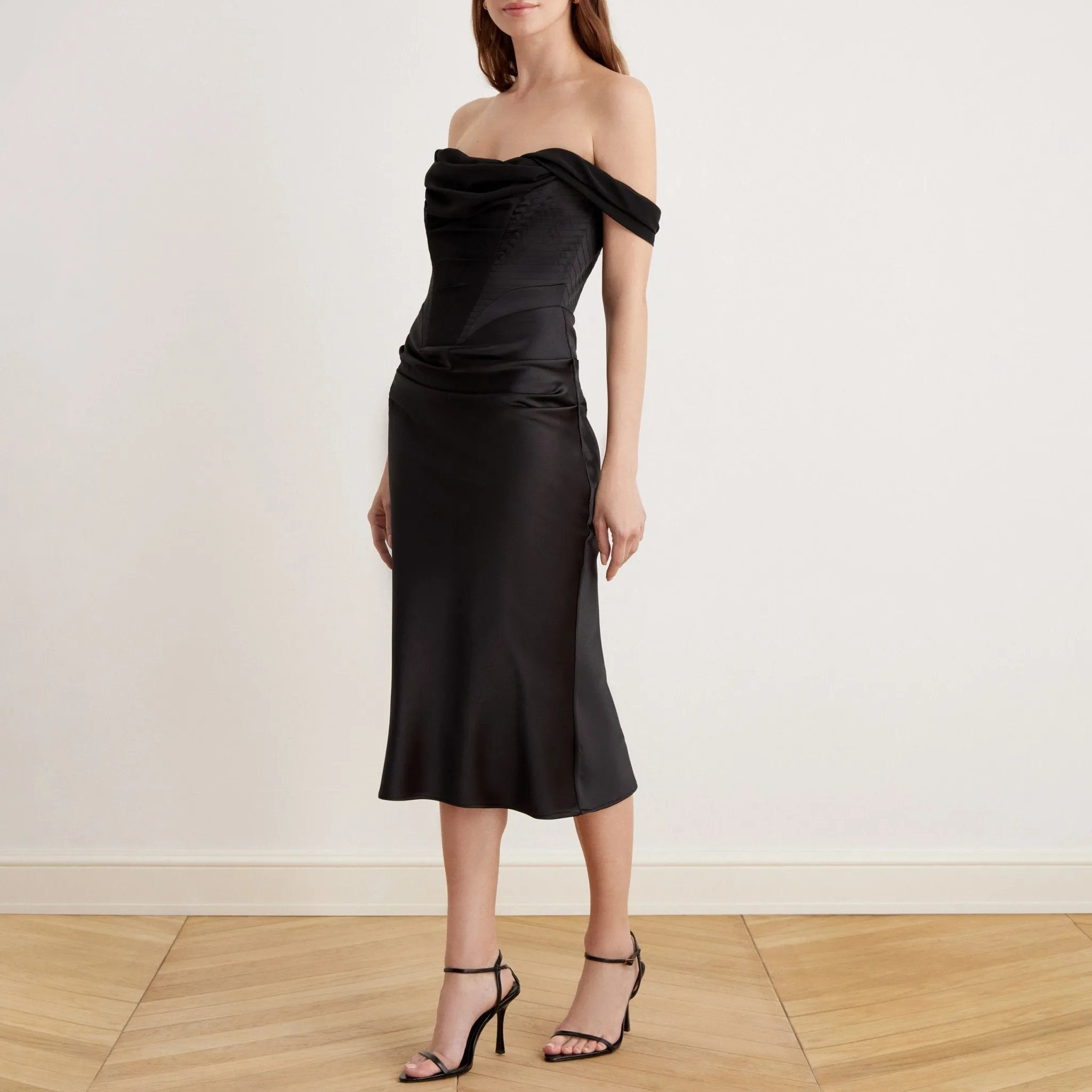 Satin Off-Shoulder Corset Midi Dress