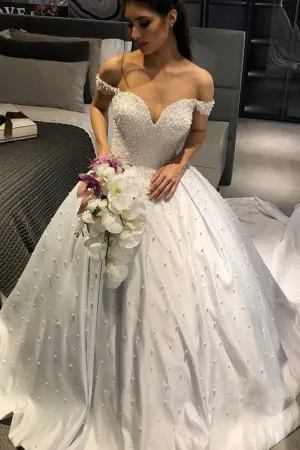 Satin Pearls Off-the-shoulder Bridal Dresses Princess