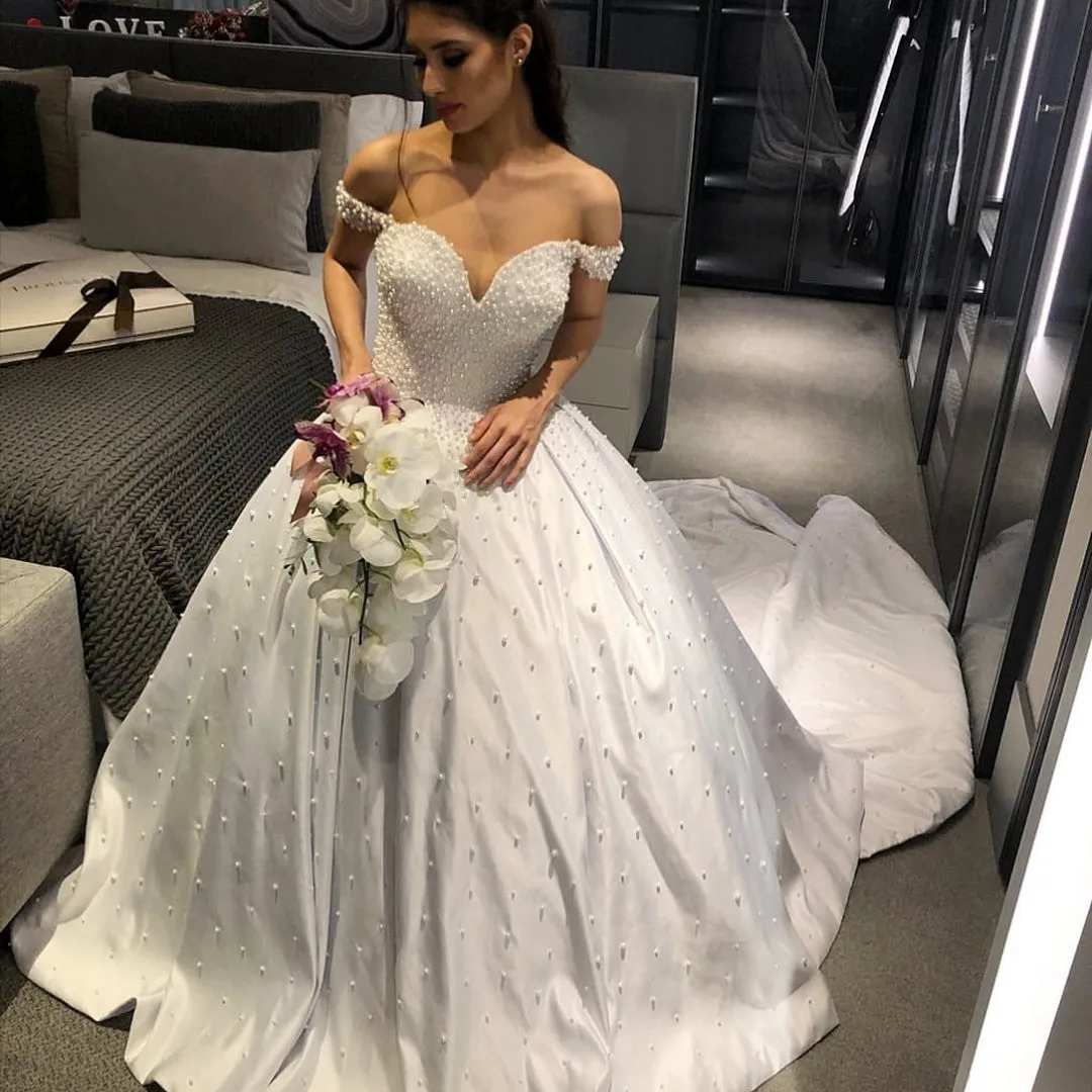 Satin Pearls Off-the-shoulder Bridal Dresses Princess