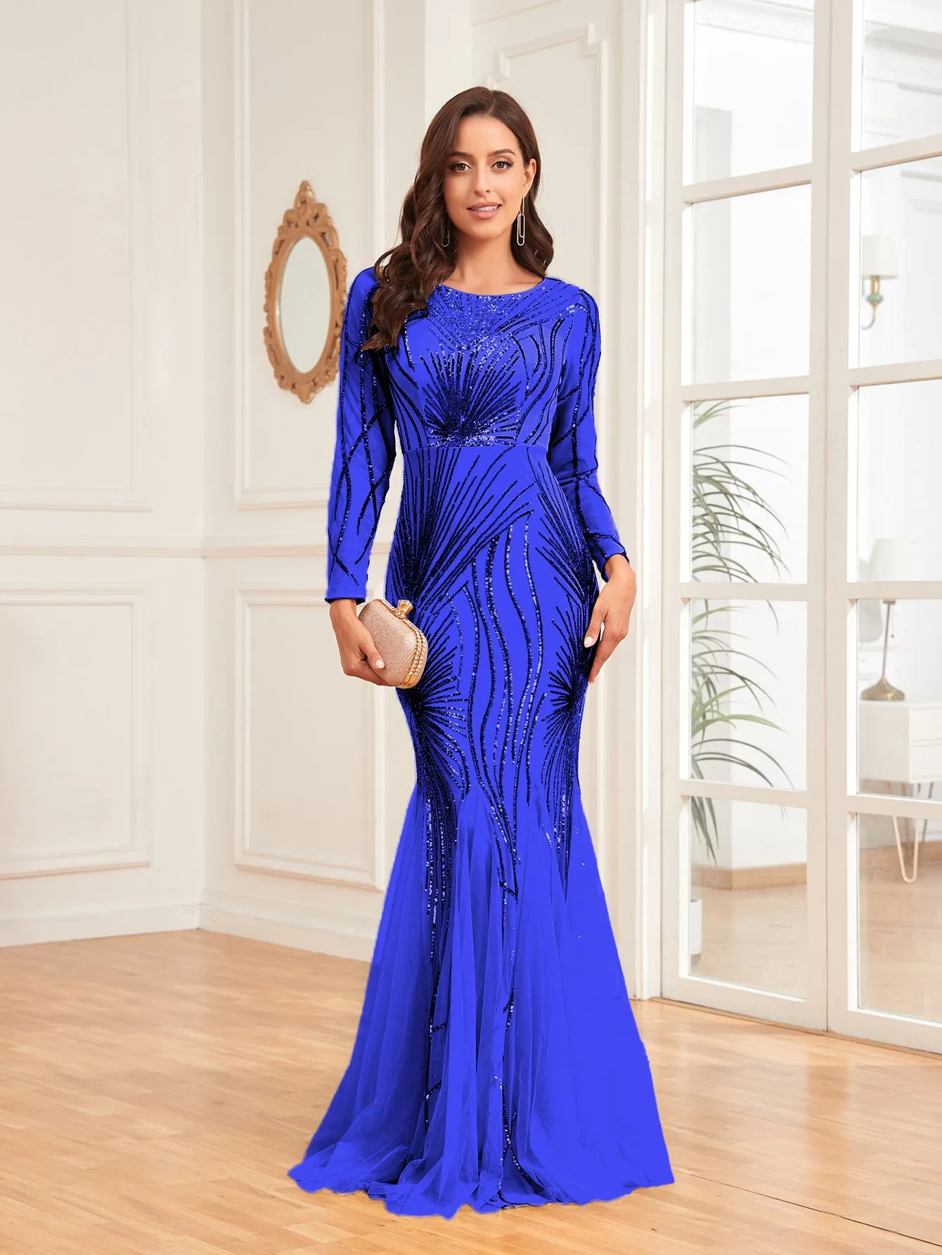 Scoop Sequin Tulle Mermaid/Trumpet Long Sleevess Sweep Train Empire Waist Prom Dress