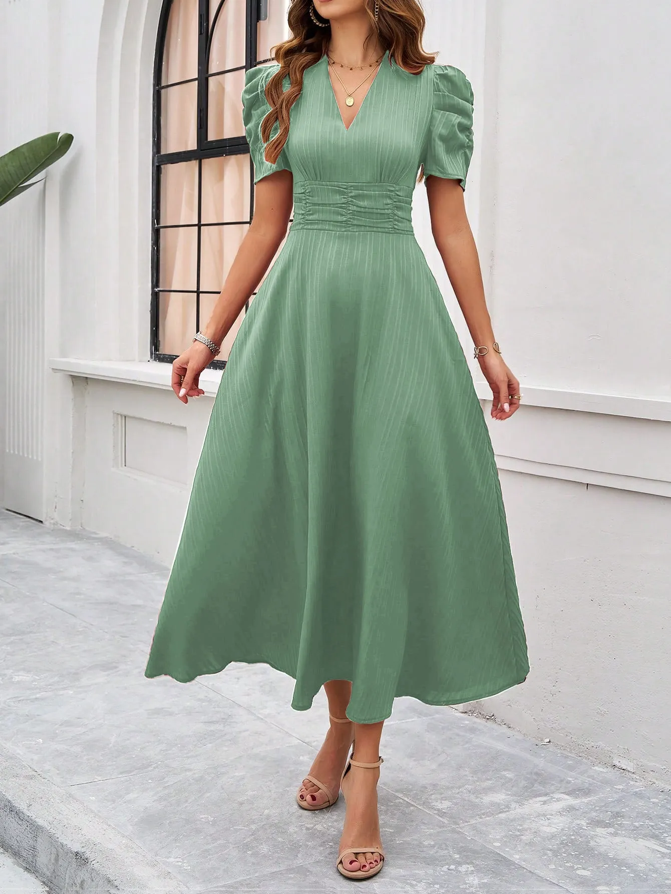Sea Green Fit And Flare Midi Dress