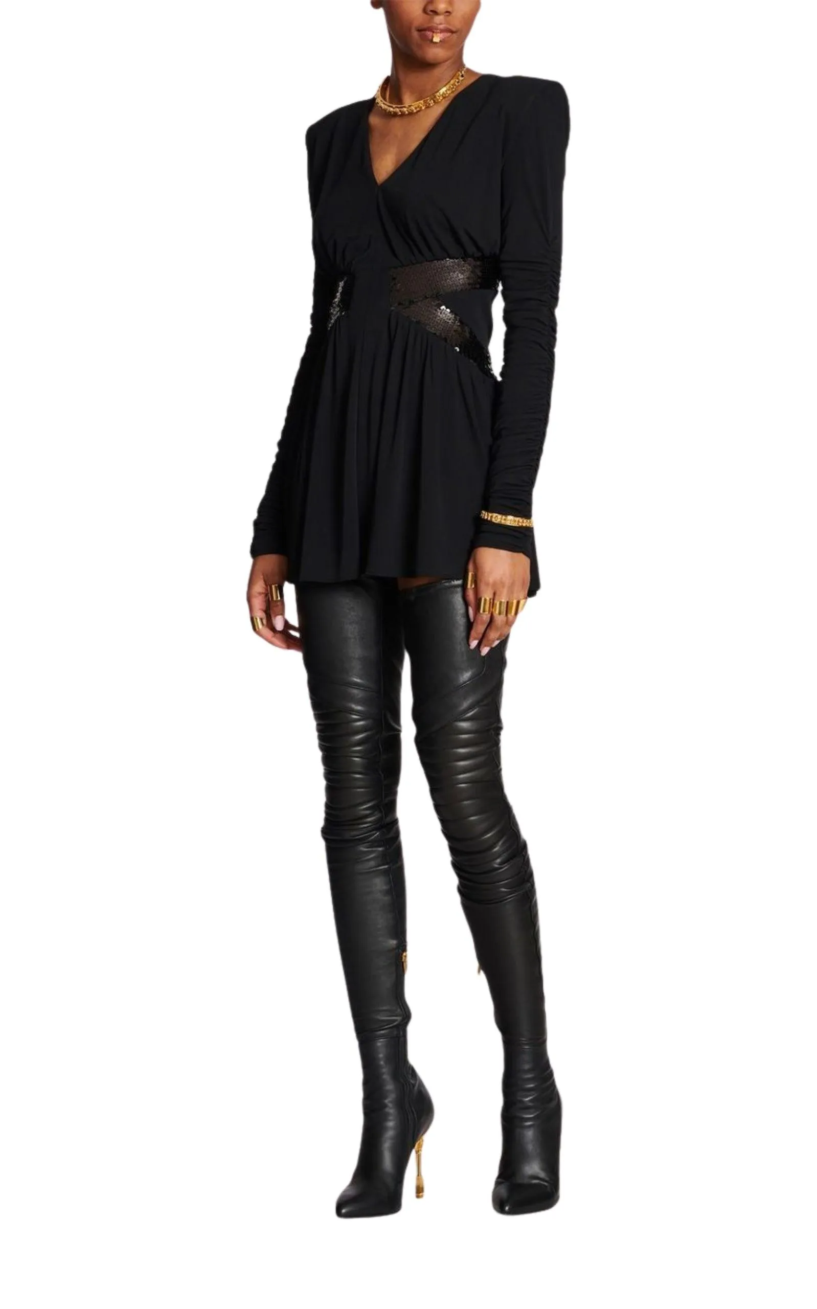 Sequin-embellished V-neck Mini Dress