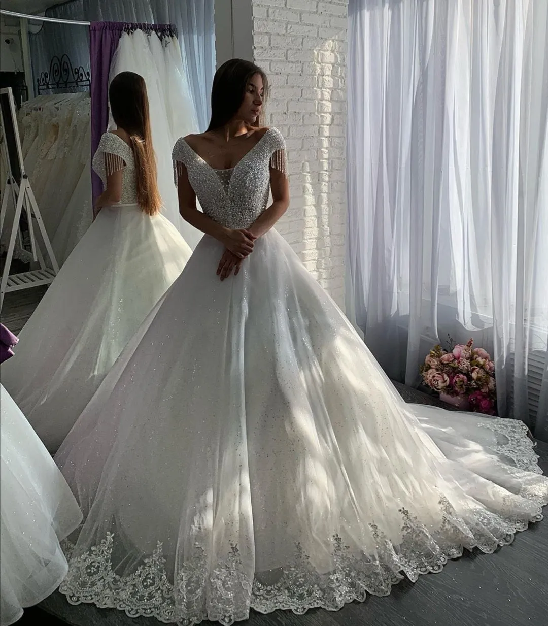 Sequin Tulle Crystals Wedding Gown with Appliques Cathedral Train