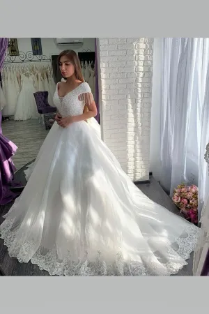 Sequin Tulle Crystals Wedding Gown with Appliques Cathedral Train