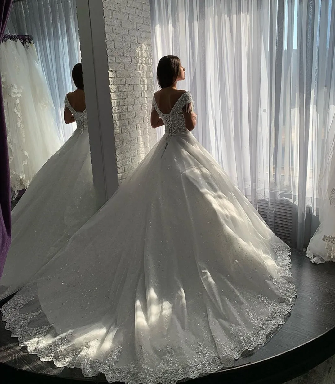 Sequin Tulle Crystals Wedding Gown with Appliques Cathedral Train