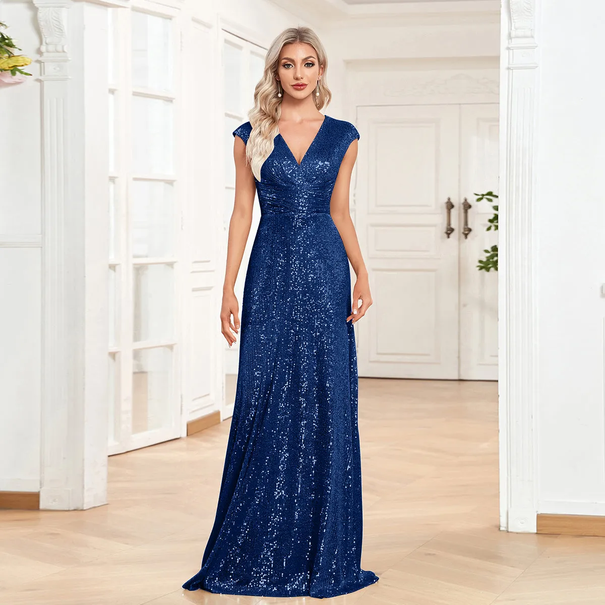 Sequin V-Neck Sleeveless A-Line Floor Length Prom/Evening Dress