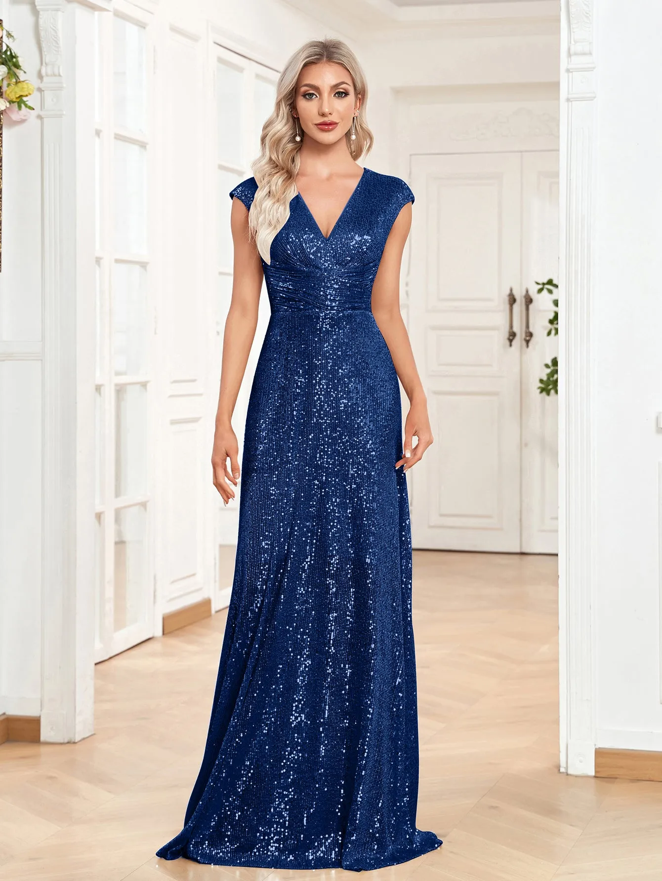 Sequin V-Neck Sleeveless A-Line Floor Length Prom/Evening Dress