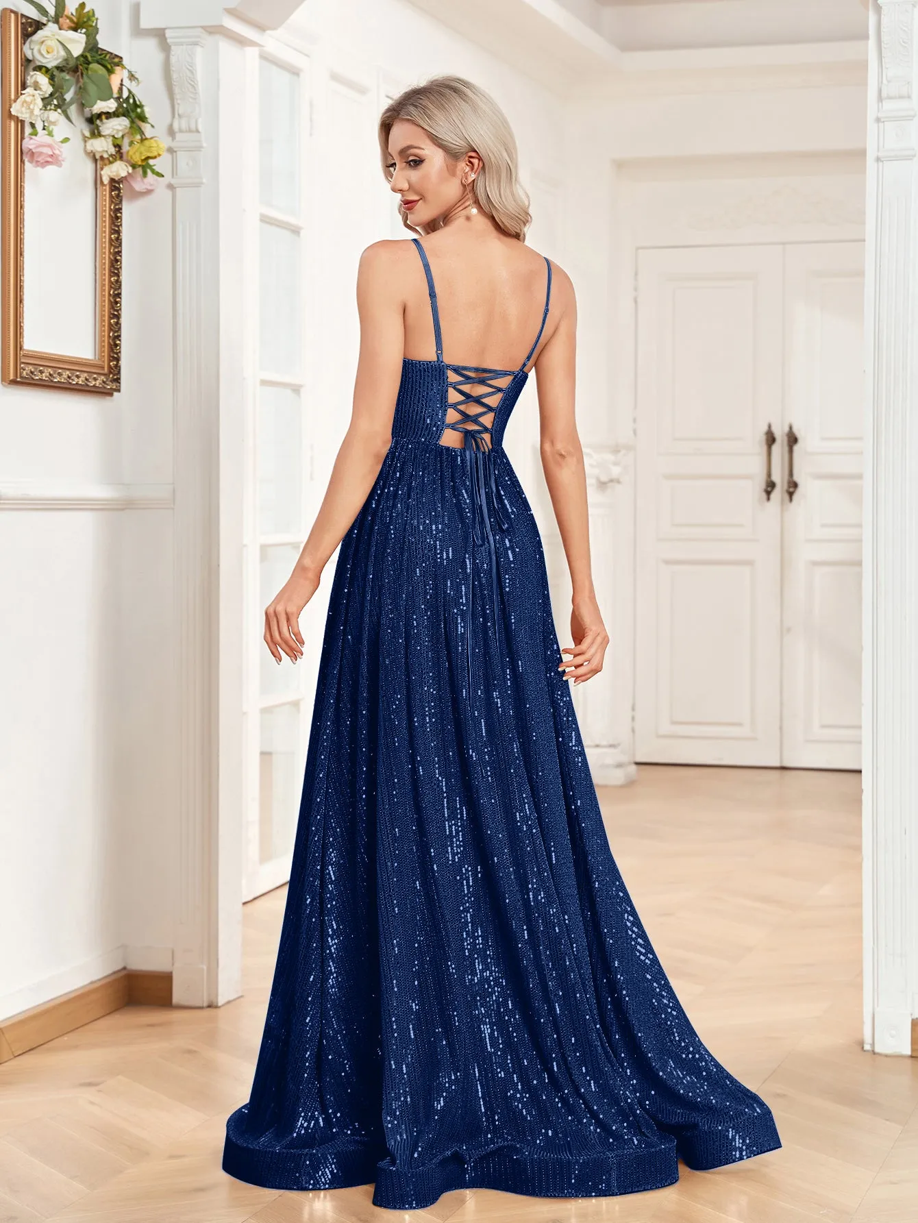 Sequin V-Neck Spaghetti Straps A-Line Floor Length Prom/Evening Dress