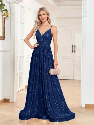 Sequin V-Neck Spaghetti Straps A-Line Floor Length Prom/Evening Dress