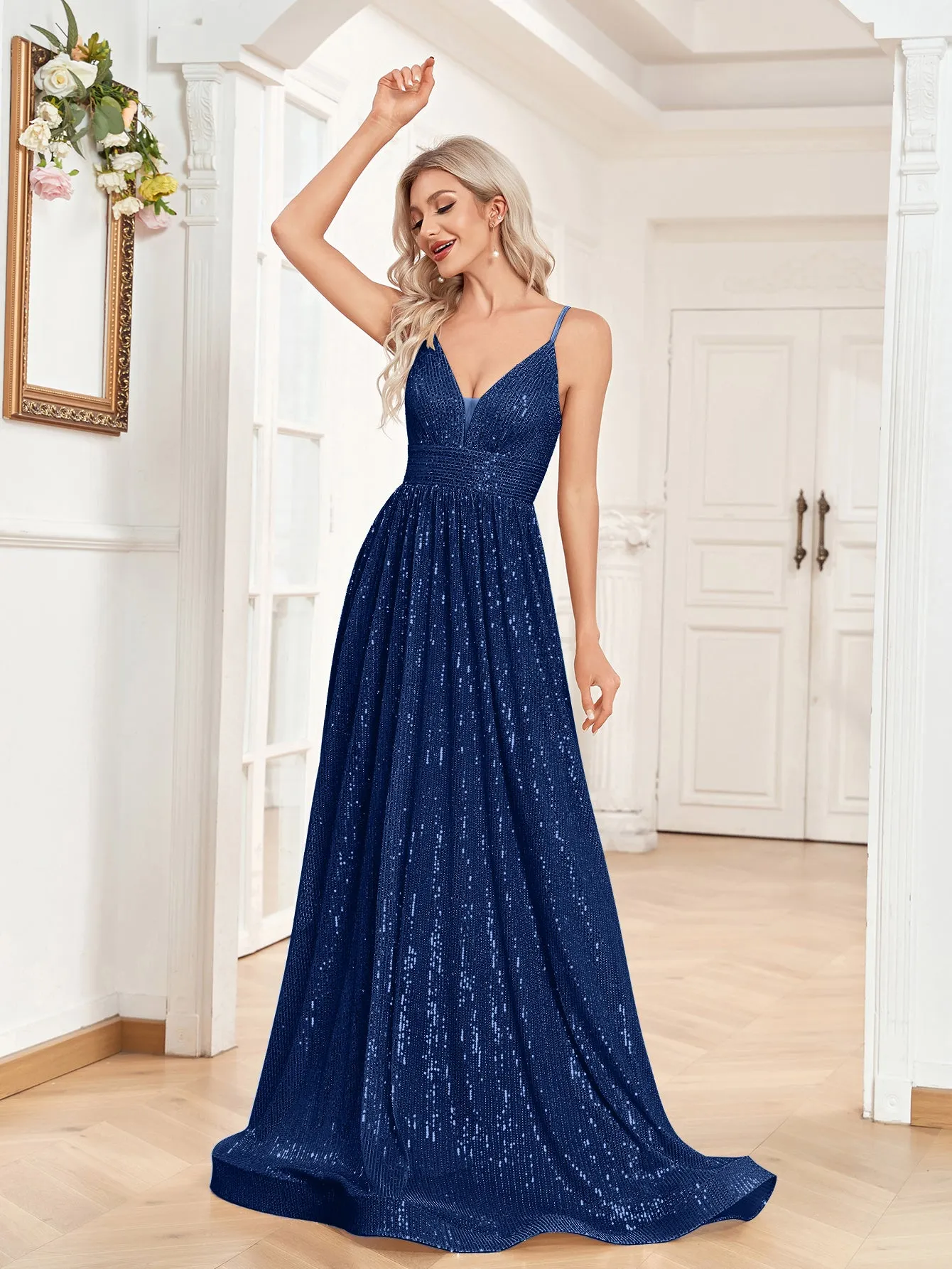 Sequin V-Neck Spaghetti Straps A-Line Floor Length Prom/Evening Dress