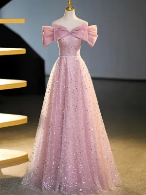 Sequins Pink Off the Shoulder Long Prom Dresses，Off  Shoulder Pink Formal Graduation Evening Dresses