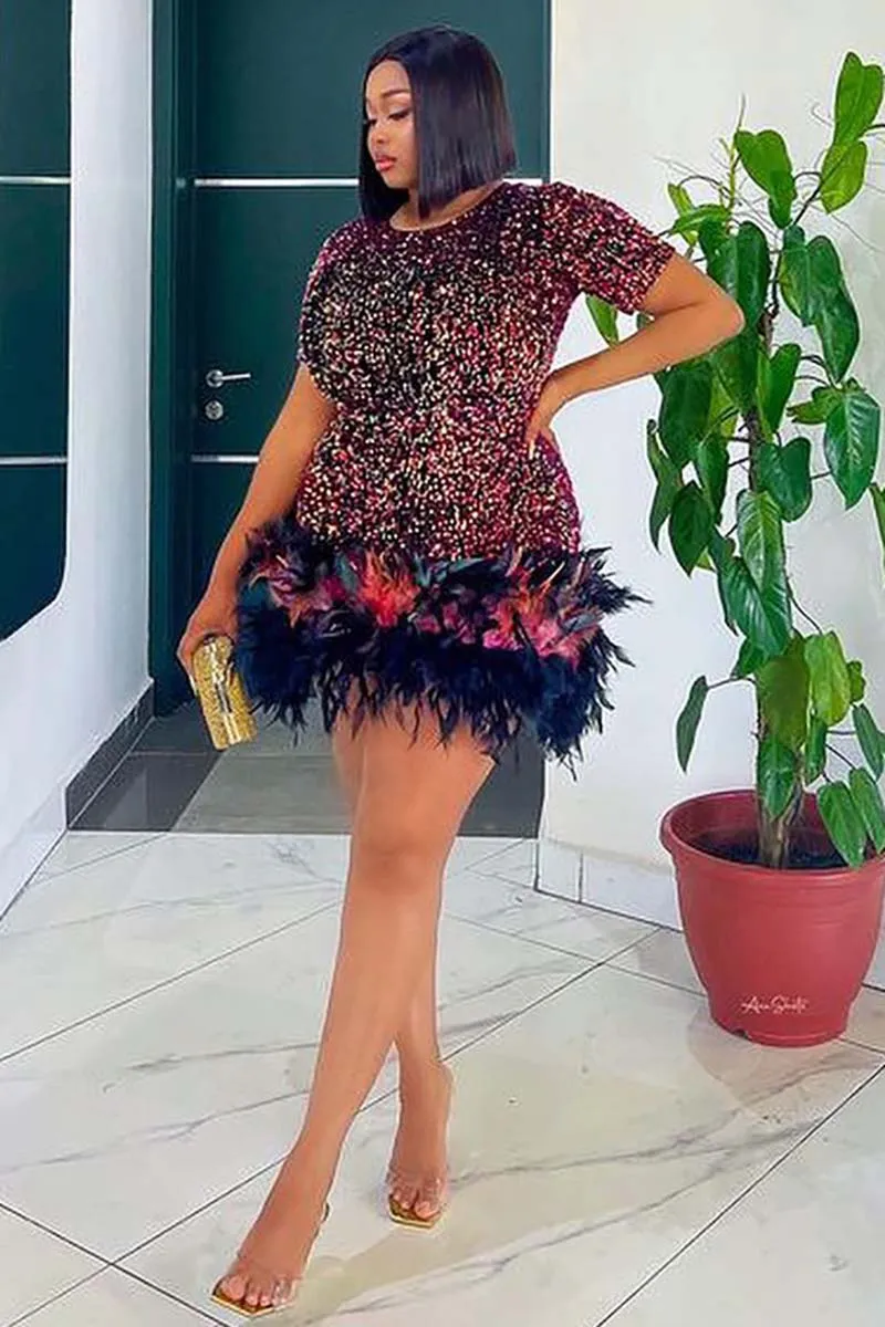 Sequins Short Sleeve Bodycon Feather Hemline Party Mini Dresses