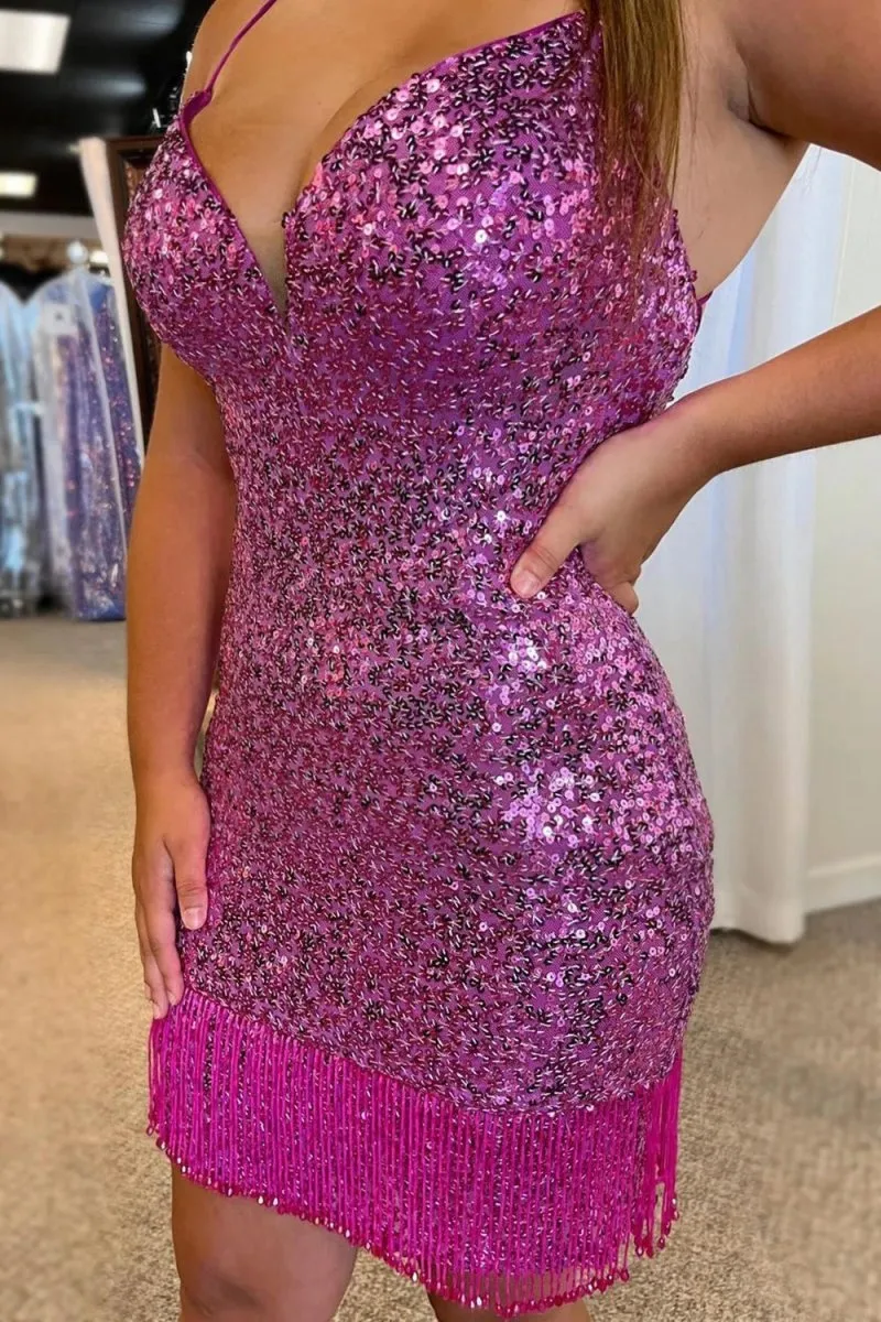 Sequins Tight Homecoming Dresses with Fringes
