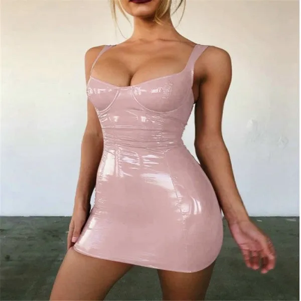 Sexy Backless Party Short Dress, Sleeveless Straps Club Dress, Vestido Women's Latex Bodycon Mini Skirt, Pink