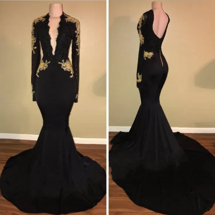 Sexy Deep V-Neck Long Sleeves Black Gold Prom Dresses