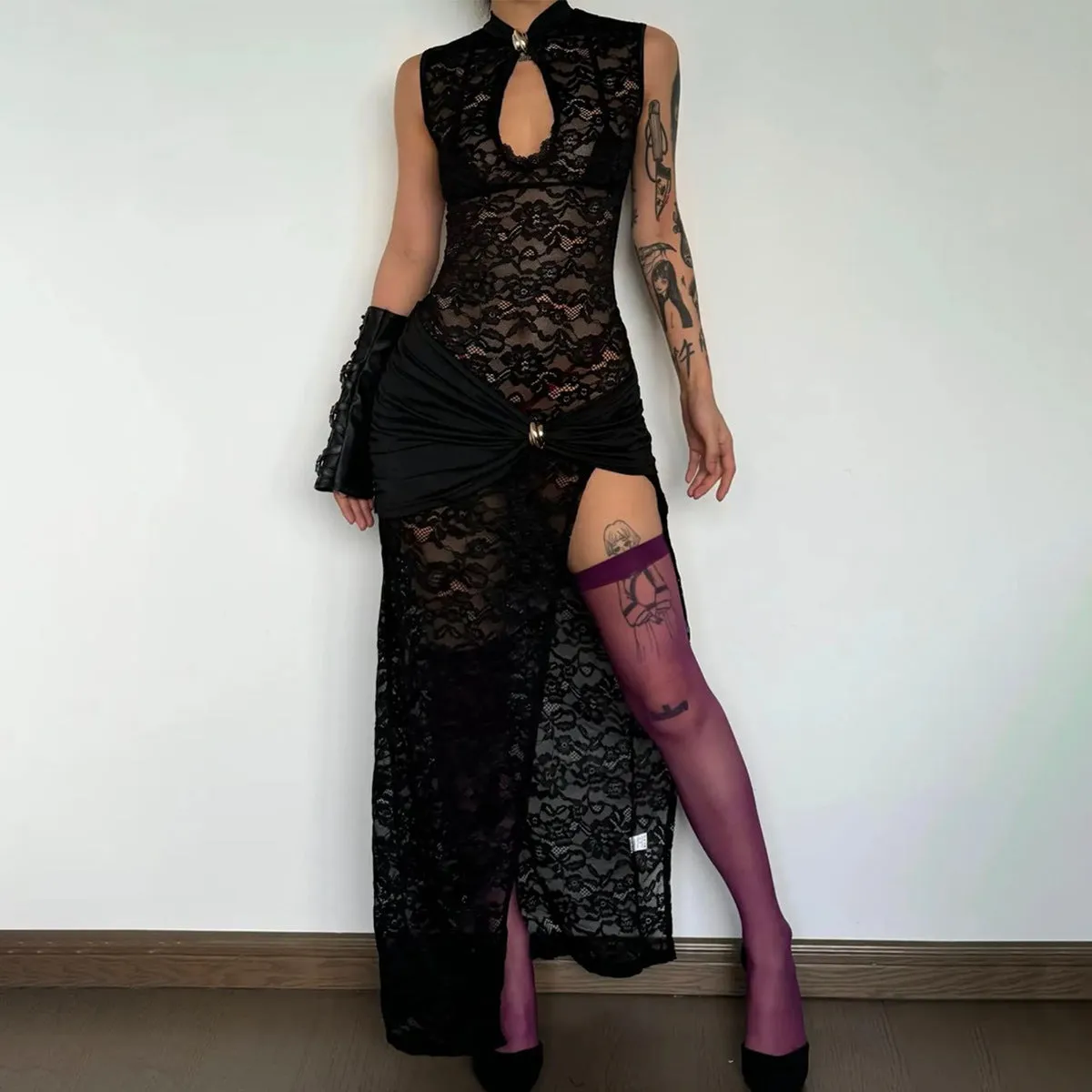 Sexy Lace Hollow High-Slit Slim Fit Sleeveless Long Dress for Bold and Alluring Evening Elegance