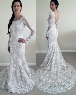 Sexy Lace Mermaid Wedding Dresses Full Sleeve Lace Backless Bridal Gowns Court Train