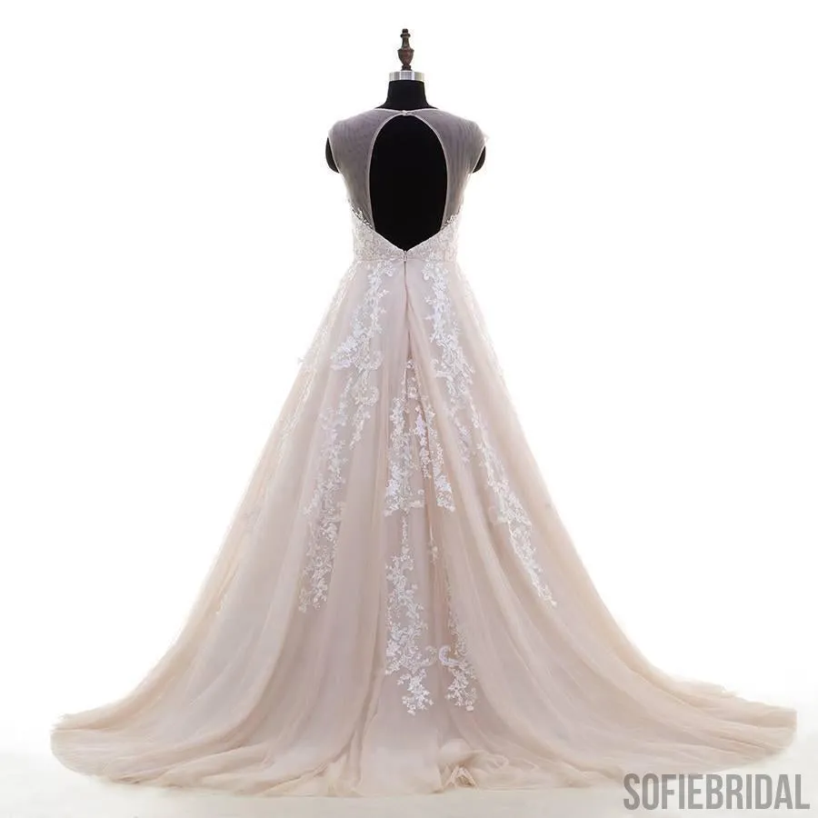 Sexy Open Back Illusion Lace Tulle A-line Wedding Dresses Online, WD368