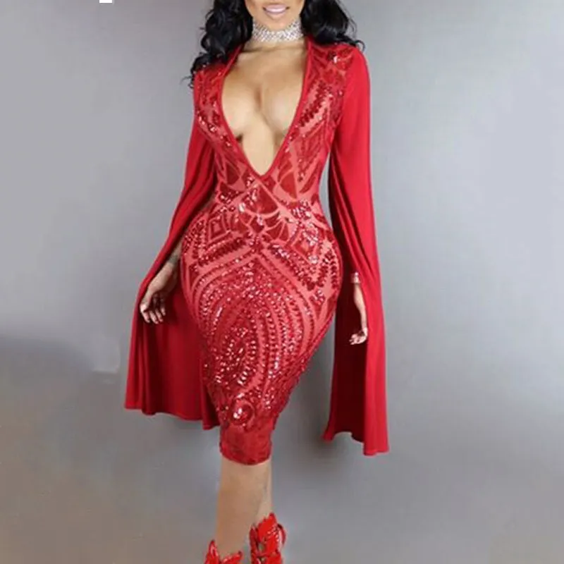 Sexy Sequin Deep-V Long Sleeves Bodycon dress