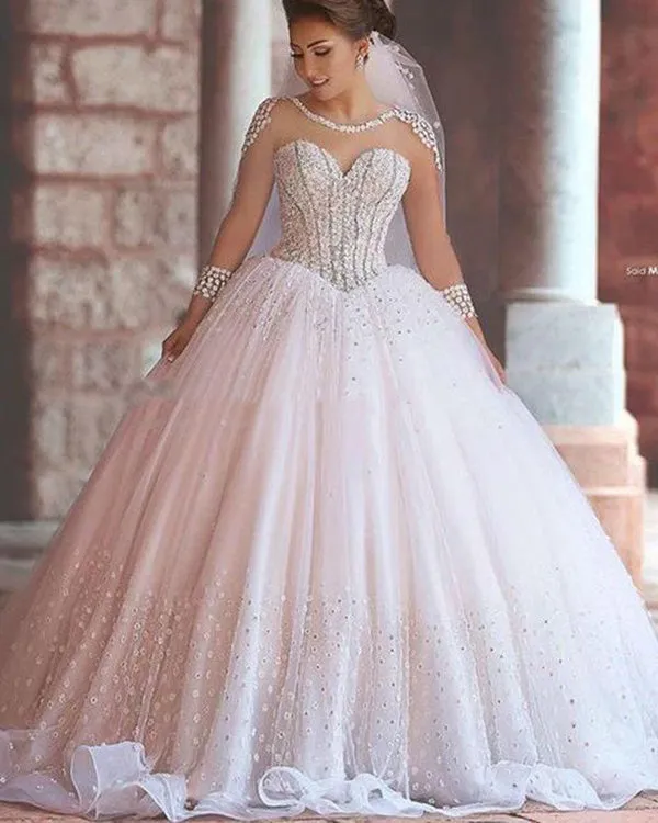 Sexy Sheer Tulle Wedding Dress Ball Gown Long Sleeve Beaded Princess Bridal Gowns