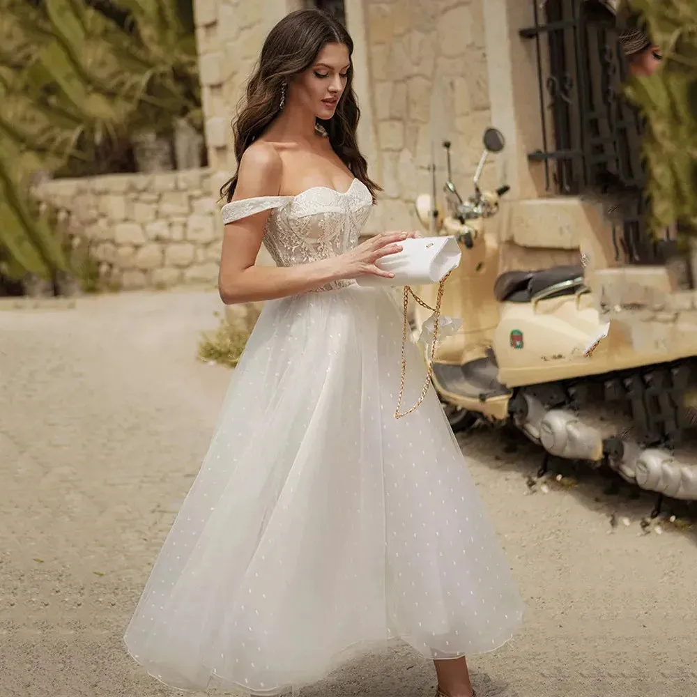 Sexy Short Sweetheart Wedding Dress Off The Shoulder Tea-Length With Soft Tulle Robe De Mariée Brides For Women Summer Beach