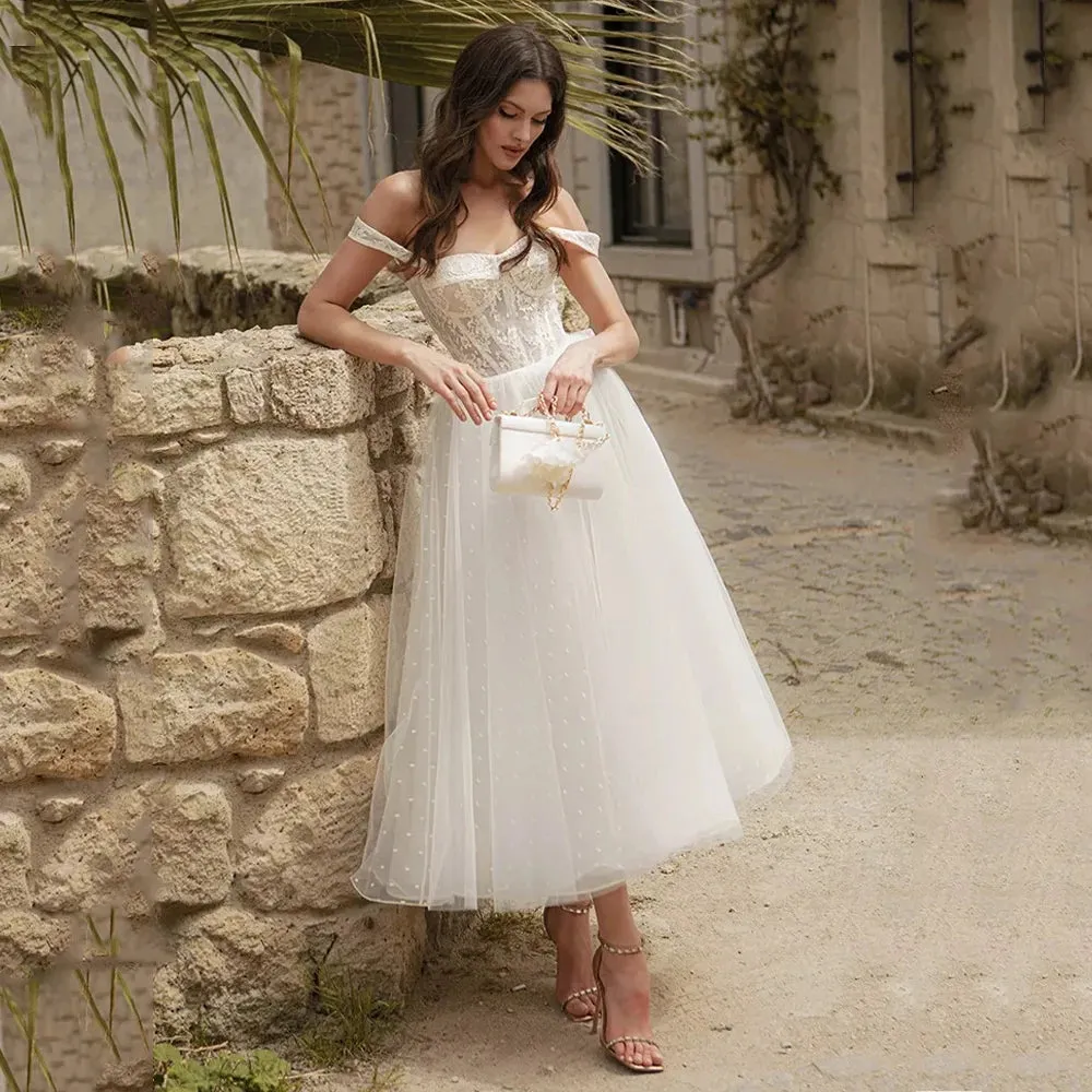 Sexy Short Sweetheart Wedding Dress Off The Shoulder Tea-Length With Soft Tulle Robe De Mariée Brides For Women Summer Beach