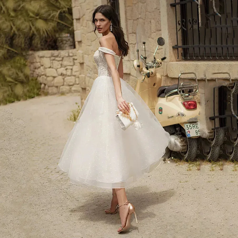 Sexy Short Sweetheart Wedding Dress Off The Shoulder Tea-Length With Soft Tulle Robe De Mariée Brides For Women Summer Beach