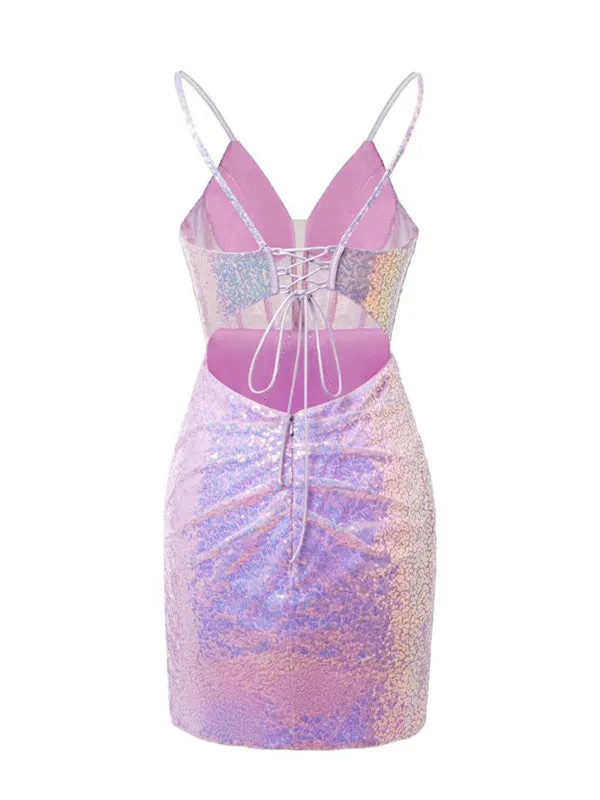 Sexy Spaghetti Strap V-neck Sleeveless Short Mermaid Sequin Homecoming Dresses For Party Online, HD0855