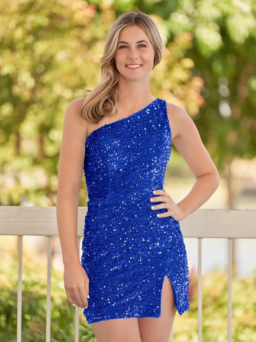 Sheath One Shoulder Sequin Homecoming Dresses with Slit
