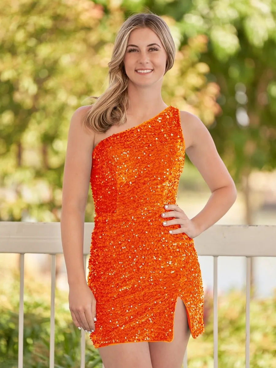 Sheath One Shoulder Sequin Homecoming Dresses with Slit