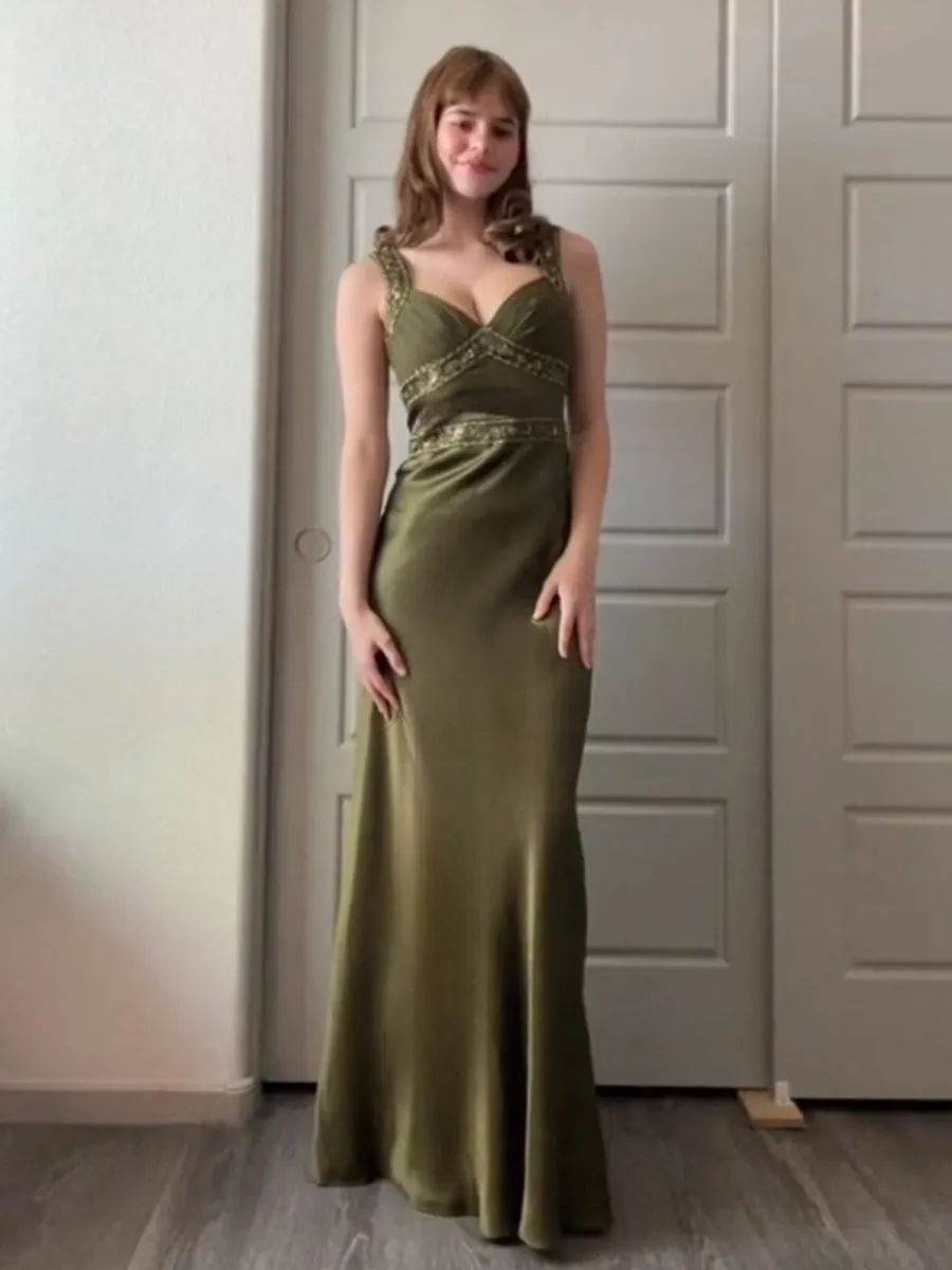 Sheath Satin Beaded Long Prom Dresses