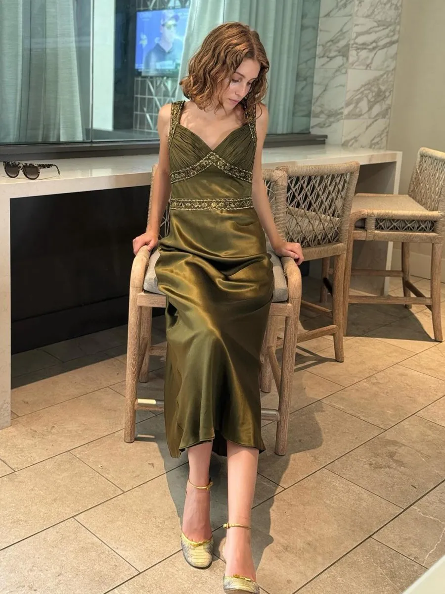 Sheath Satin Beaded Long Prom Dresses