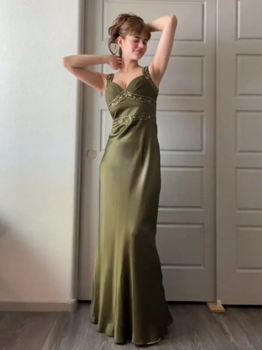Sheath Satin Beaded Long Prom Dresses