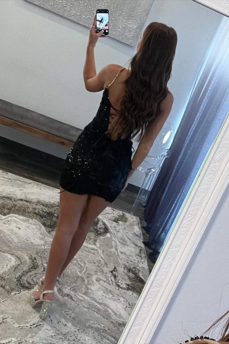 Sheath Spaghetti Straps Sequined Lace Homecoming Dresses