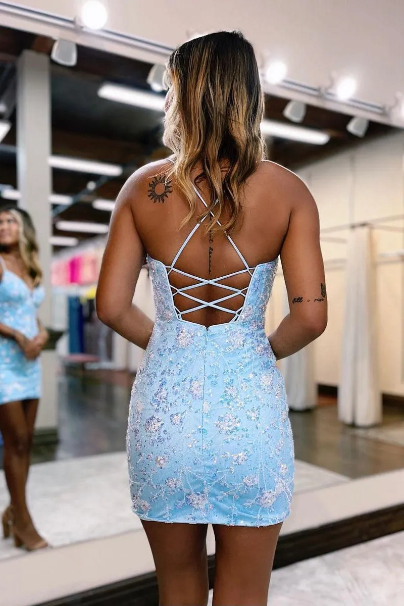 Sheath V Neck Lace Short Homecoming Dresses Tight Party Dresses