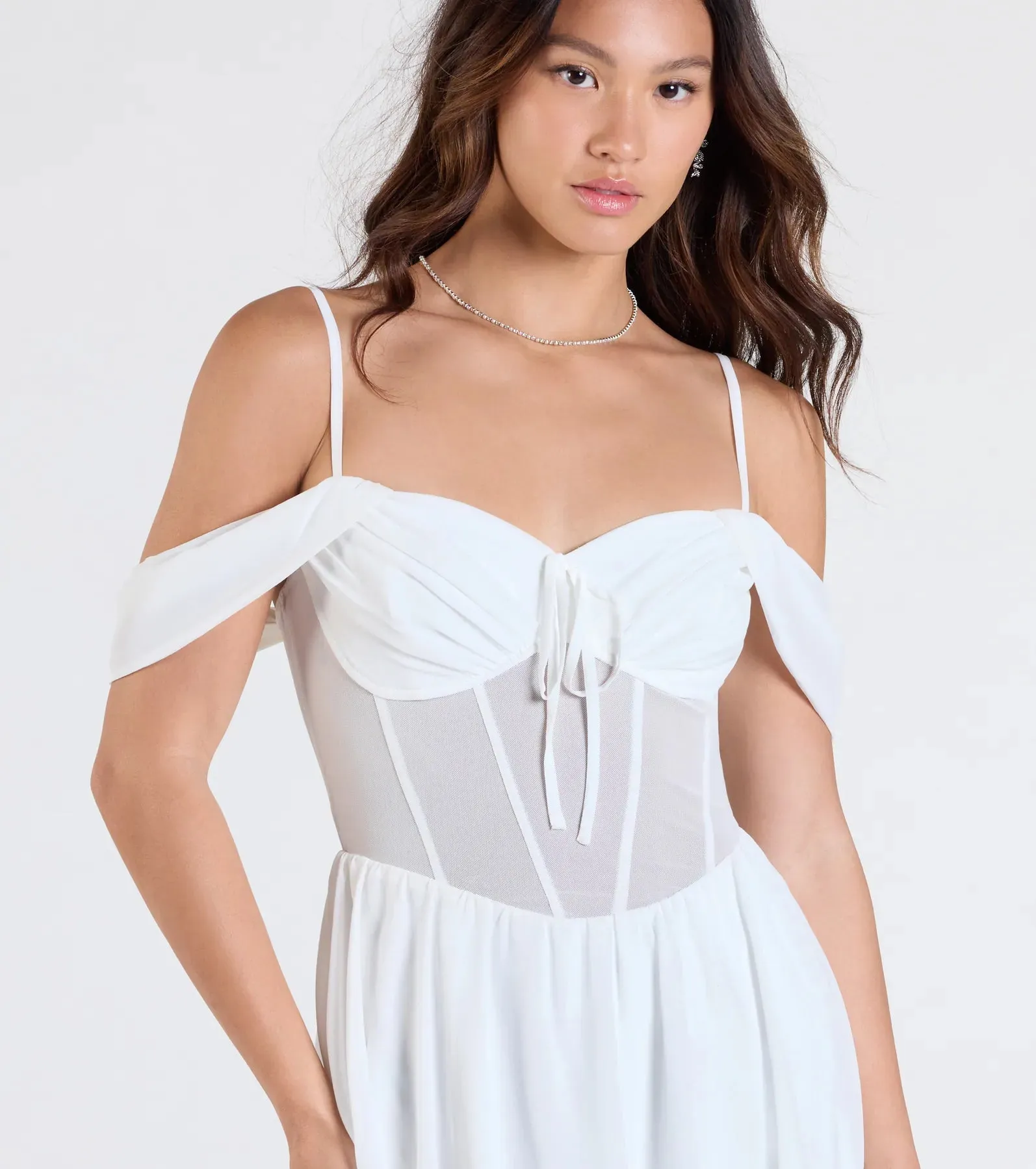 Sheer Fave Chiffon Cold-Shoulder Corset Skater Dress