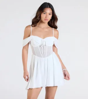 Sheer Fave Chiffon Cold-Shoulder Corset Skater Dress