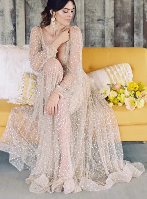 Sheer Sleeves Sequin Bridal Gowns with V-neckline
