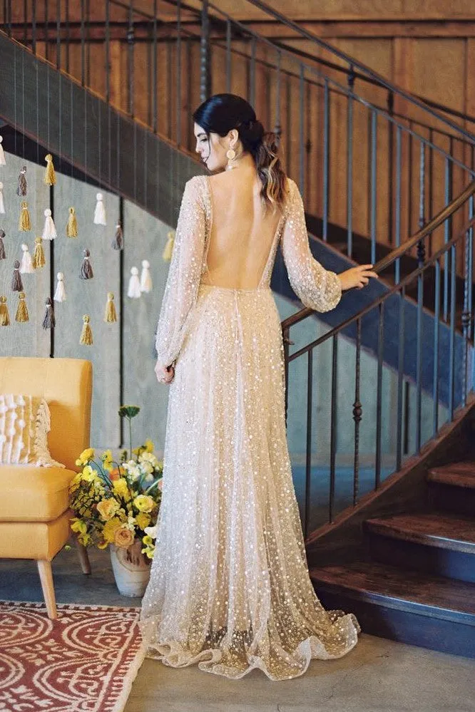 Sheer Sleeves Sequin Bridal Gowns with V-neckline