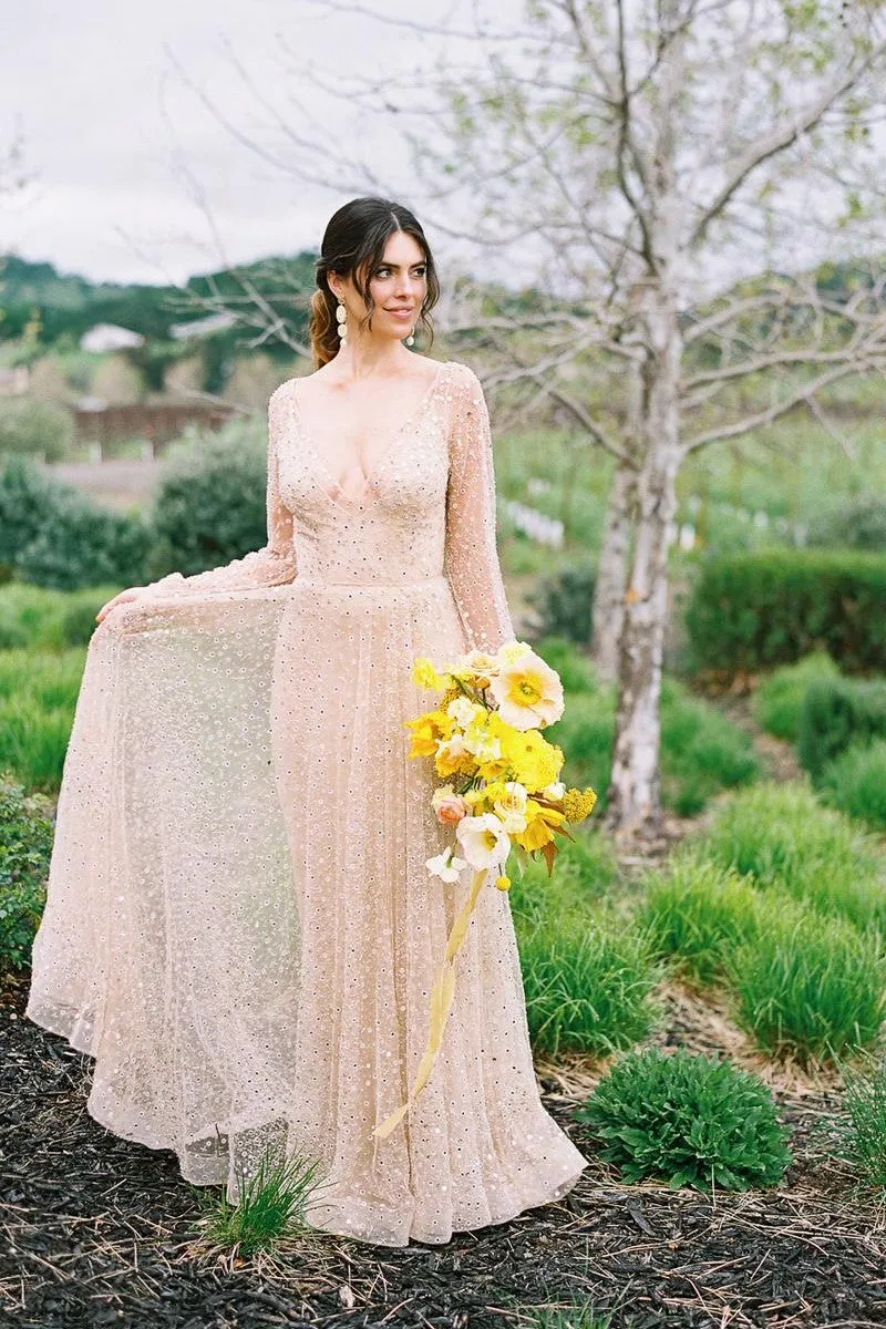 Sheer Sleeves Sequin Bridal Gowns with V-neckline